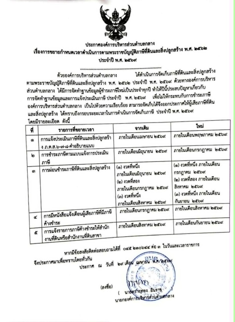 ประกาศองค์การบริหารส่วนตำบลกลาง เรื่องการขยายกำหนดเวลาดำเนินการตามพระราชบัญญัติภาษีที่ดินและสิ่งปลูกสร้างพ.ศ. 2562 ประจำปี 2569